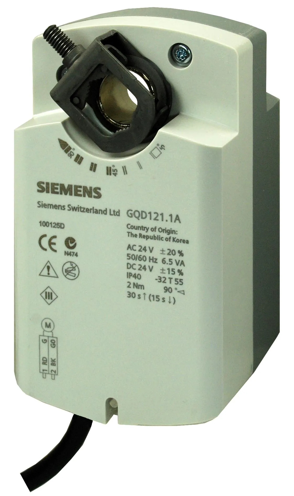 GQD121.1A Rotary air damper actuator, AC/DC 24 V, 2-position, 2 Nm, spring return 30/15 s