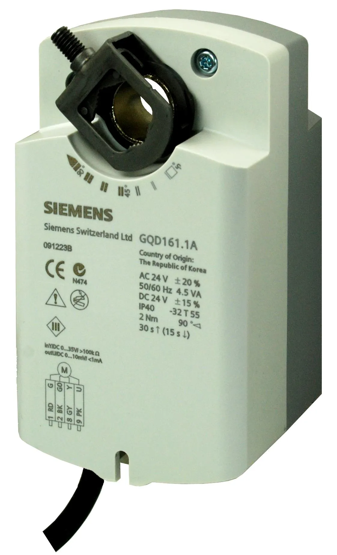 GQD161.1A Rotary air damper actuator, AC/DC 24 V, DC 0...10 V, 2 Nm, spring return 30/15 s